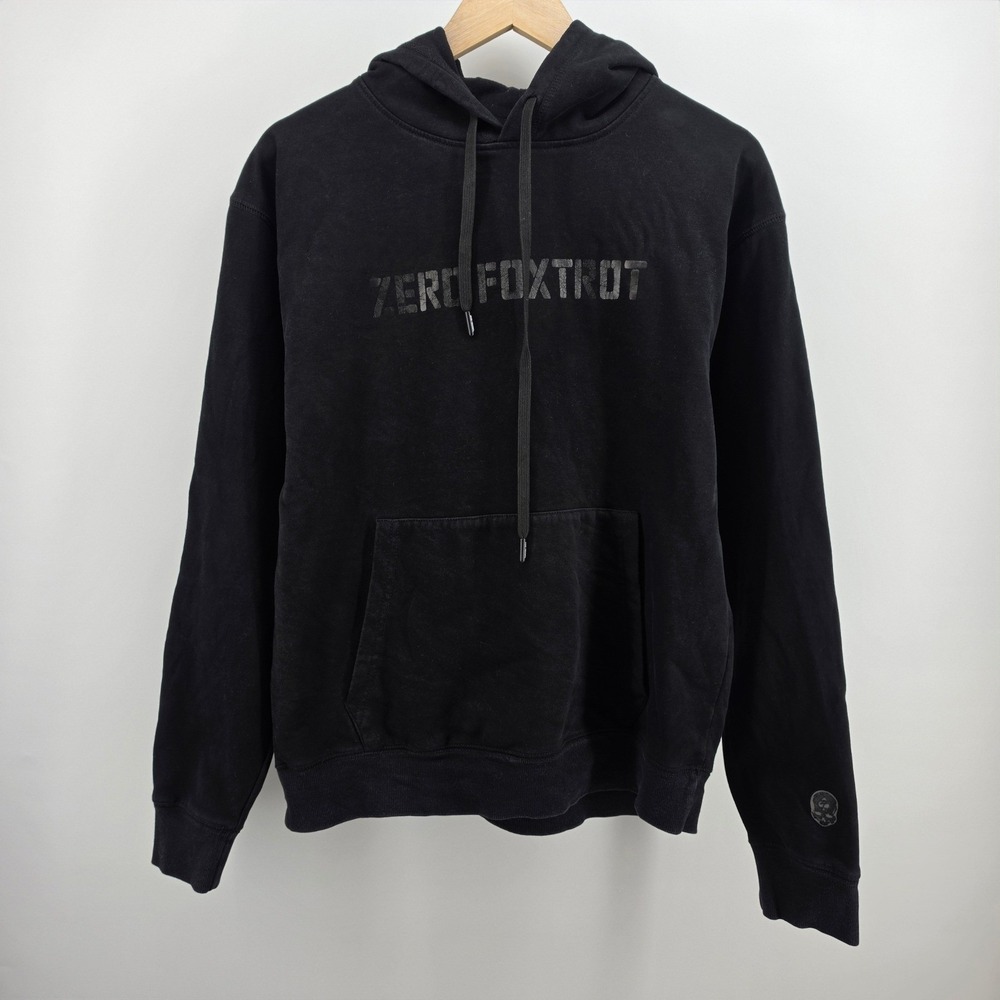 Zero Foxtrot Mens Black Pullover Hoodie Tonal Logo Fleece Sweatshirt Medium
